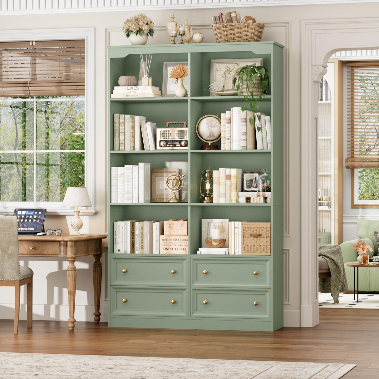 FINETONES 71" Tall Bookshelf with 4 Drawers, 6-Tier Double Wide Bookshelves and Bookcases with Storage, Green Bookshelf Large Open Bookshelves Standing Book Cabinet for Home Office FINETONES