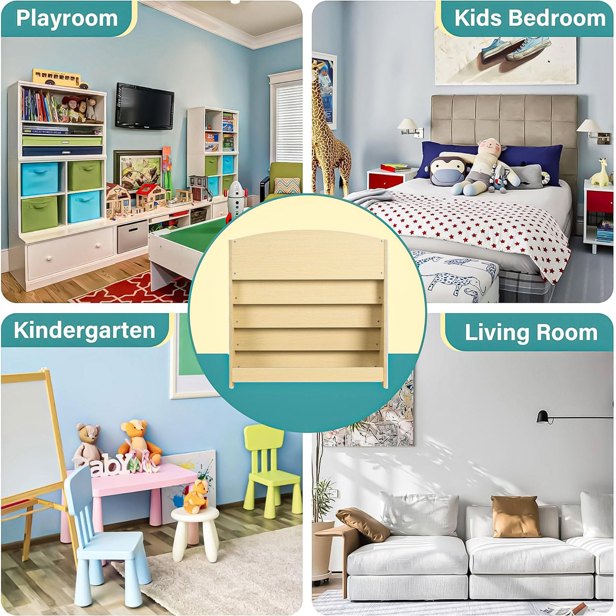 TOETOL 5-Tier Kids Bookshelf - Toddler Book Display Shelves for Classrooms, Playrooms, and Nursery - Wooden Children Book Rack (Natural) TOETOL