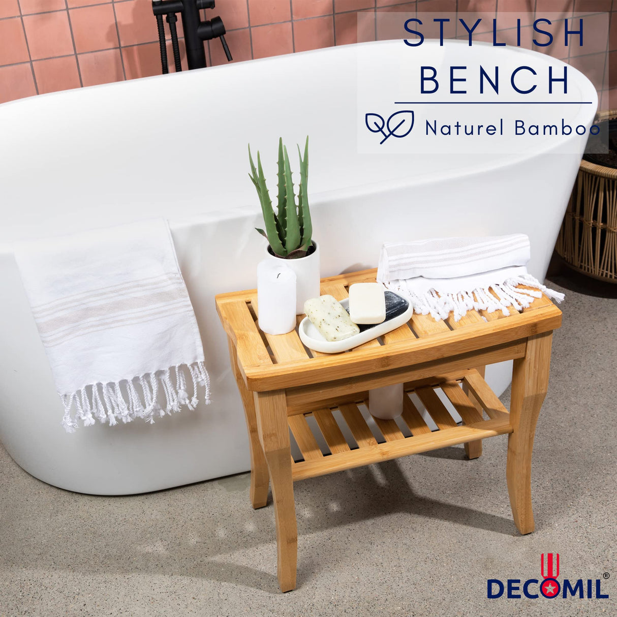 DECOMIL - Bamboo Shower Bench 19โ, Bathroom Shower Chair with Storage Shelf | Nonslip Feet & Waterproof Bathing Bench | Perfect for Indoor and Outdoor USe DECOMIL