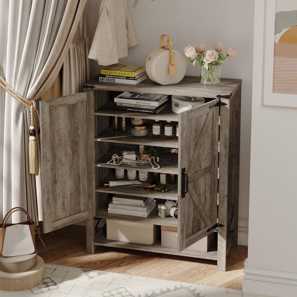 Maupvit 6-Tier Shoe Cabinet with Doors, Farmhouse Shoe Storage Cabinet with Adjustable Shelves, Shoe Shelf, Wooden Shoe Rack Organizer Cabinet for Entryway, Foyer, Hallway, Living Room, Grey Maupvit