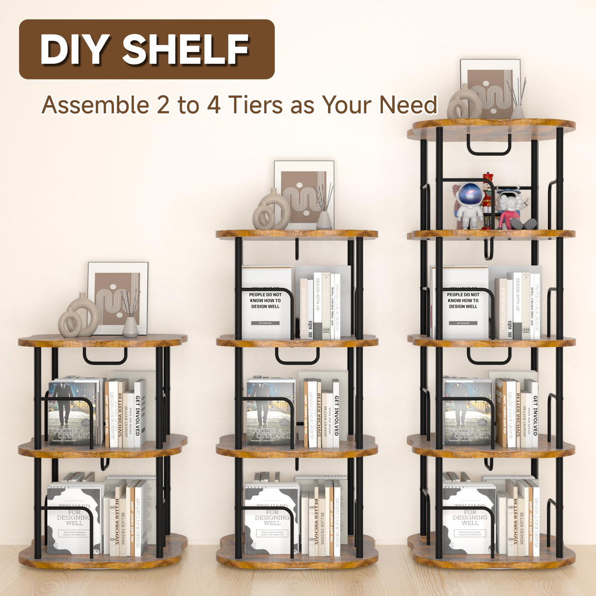 TEROL 4-Tier Rotating Book Shelf, 360° Display Spinning Bookshelf Tower, Book Organizer, Floor Standing Bookcases for Small Space, Corner Book Shelf for Bedroom, Living Room, Study Room (RUSTIC BROWN) TEROL
