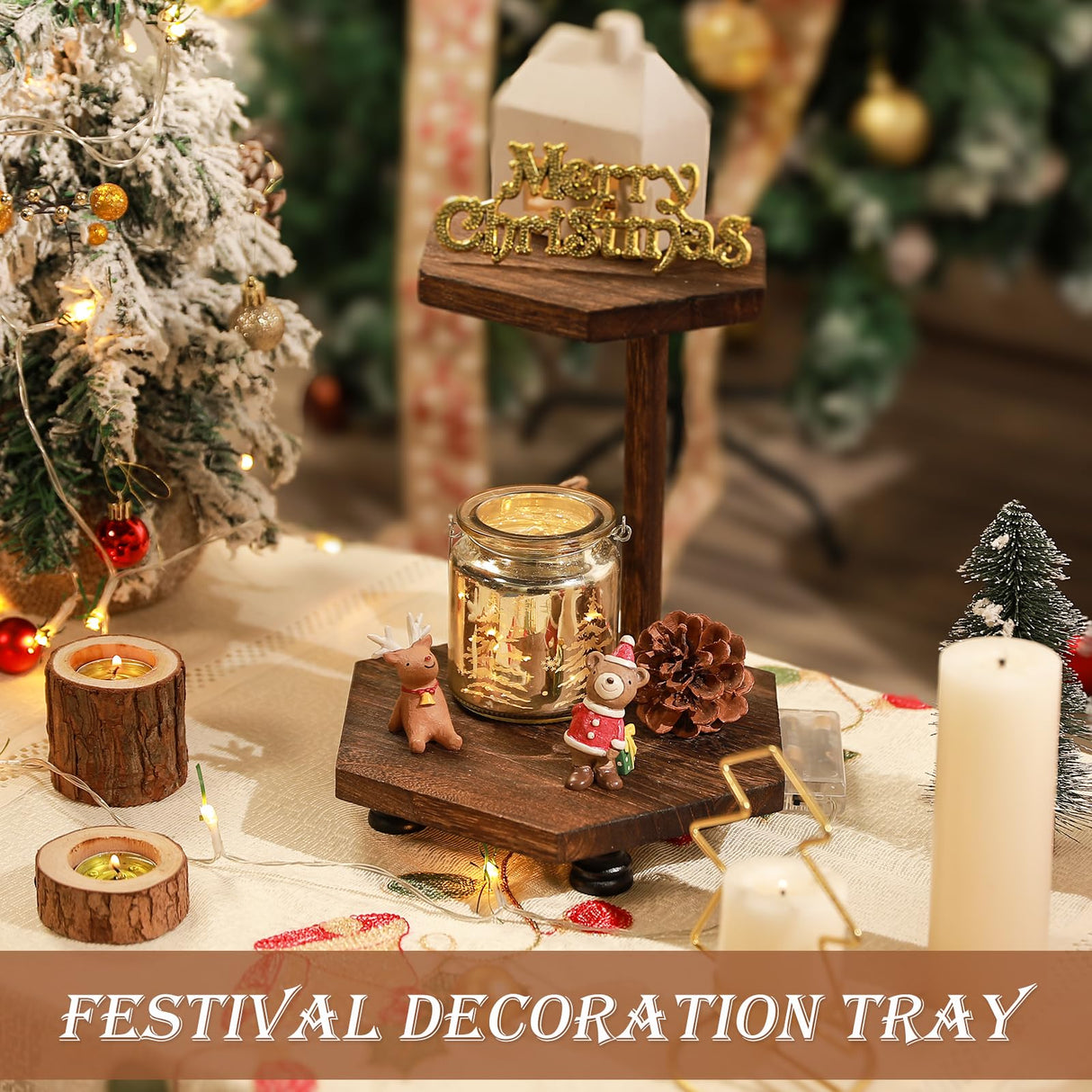 Tikea Hexagonal Wood Riser for Display, 2-Tier Rustic Wood Farmhouse Riser for Kitchen Bathroom Counter Decor, Decorative Tray for Soap Dispenser, Decorations and Plant (Brown) Tikea