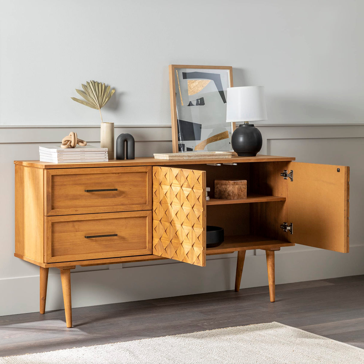 Walker Edison Deluca Boho Solid Wood 2 Door Sideboard with Prism Detail, 58 Inch, Caramel Walker Edison