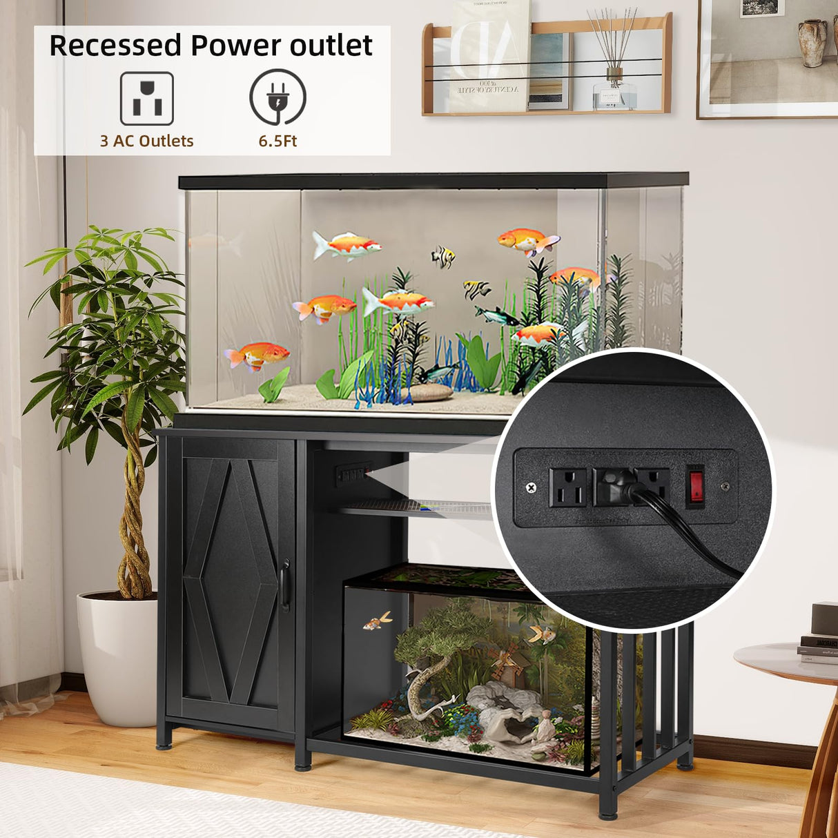 VOWNER 55-75 Gallon Fish Tank Stand, Aquarium Stand with Power Outlets, Cabinet for Fish Tank Accessories Storage, Heavy Duty Metal Frame, Suitable for Fish Tank, Turtle Tank, 1200LBS Capacity, Black VOWNER