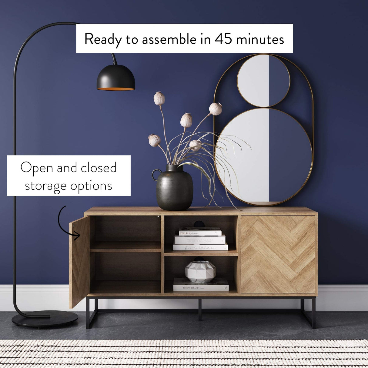 Nathan James Dylan Media Console Cabinet or TV Stand with Doors for Hidden Storage in a Natural Reclaimed Herringbone Wood Pattern and Metal, Oak/Matte Black Nathan James