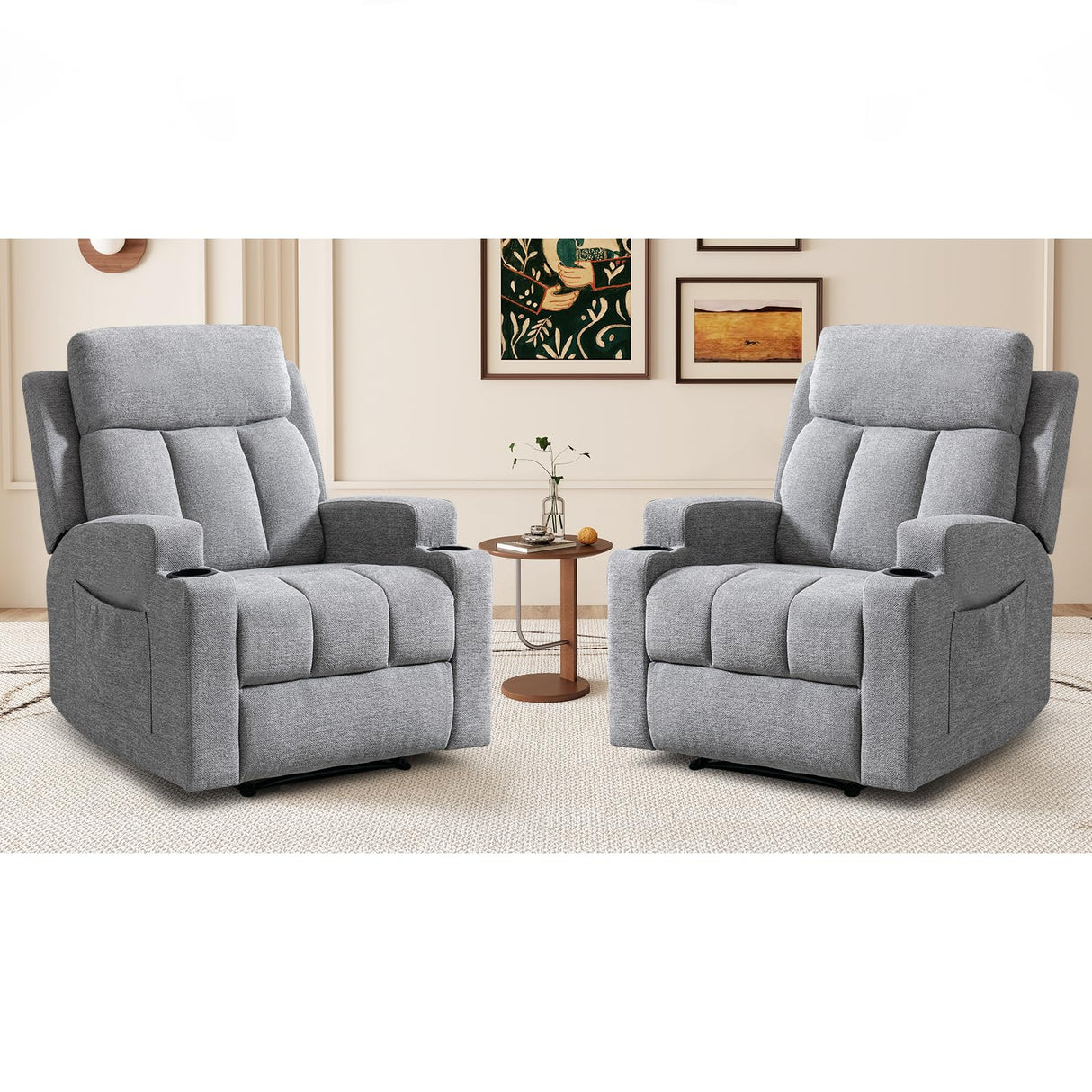 CANMOV Manual Massage Heat Recliner Chair Set of 2,Soft Fabric Recliner Chair with Overstuffed Arm and Back, Manual Reclining Single Sofa with 2 Cup Holders, Side Pocket for Living Room,Grey CANMOV
