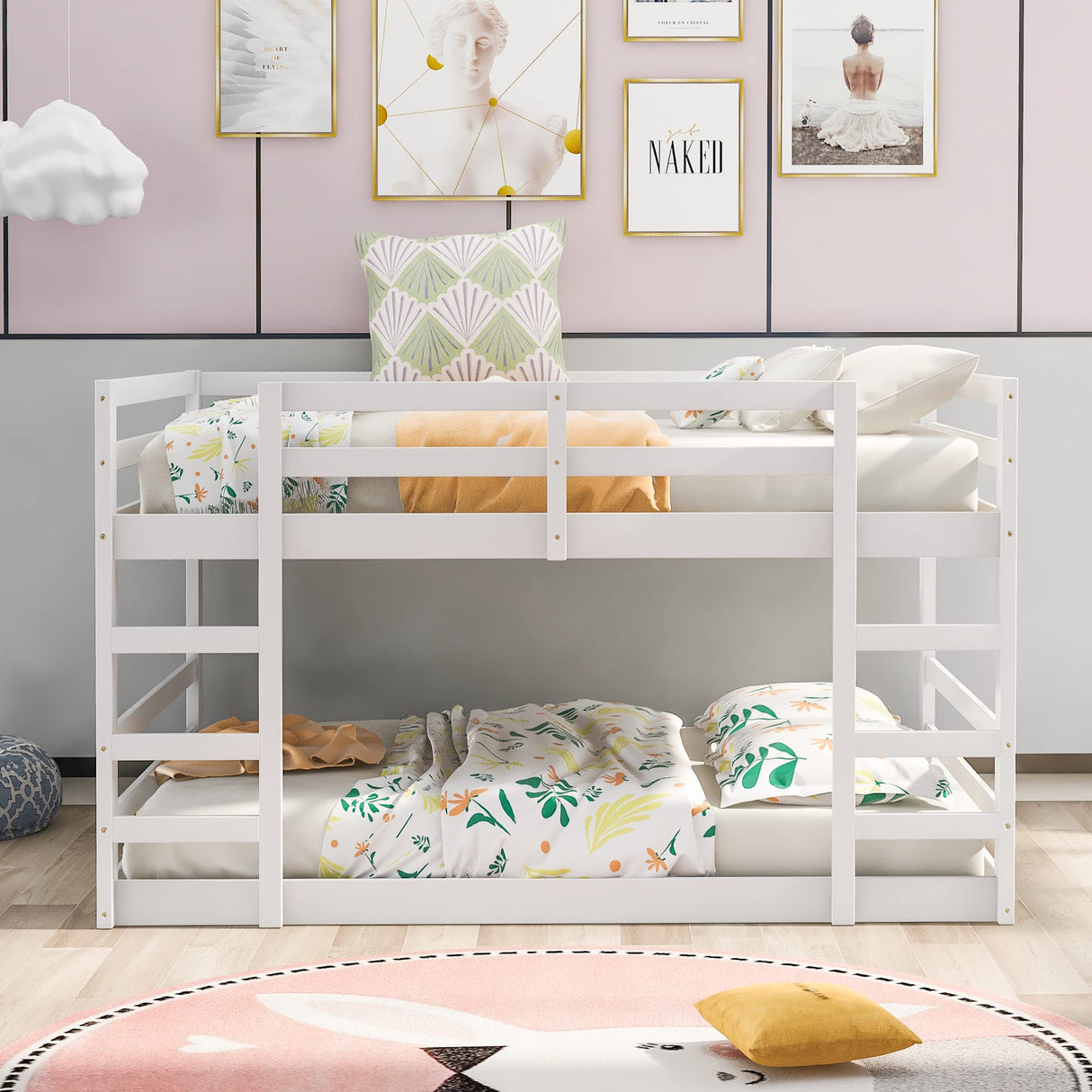 Harper & Bright Designs Full Over Full Low Bunk Bed with Headboard and Footboard, Solid Wood Floor Bunk Bed with Ladder, for Toddlers Kids Boys Girls - White Harper & Bright Designs