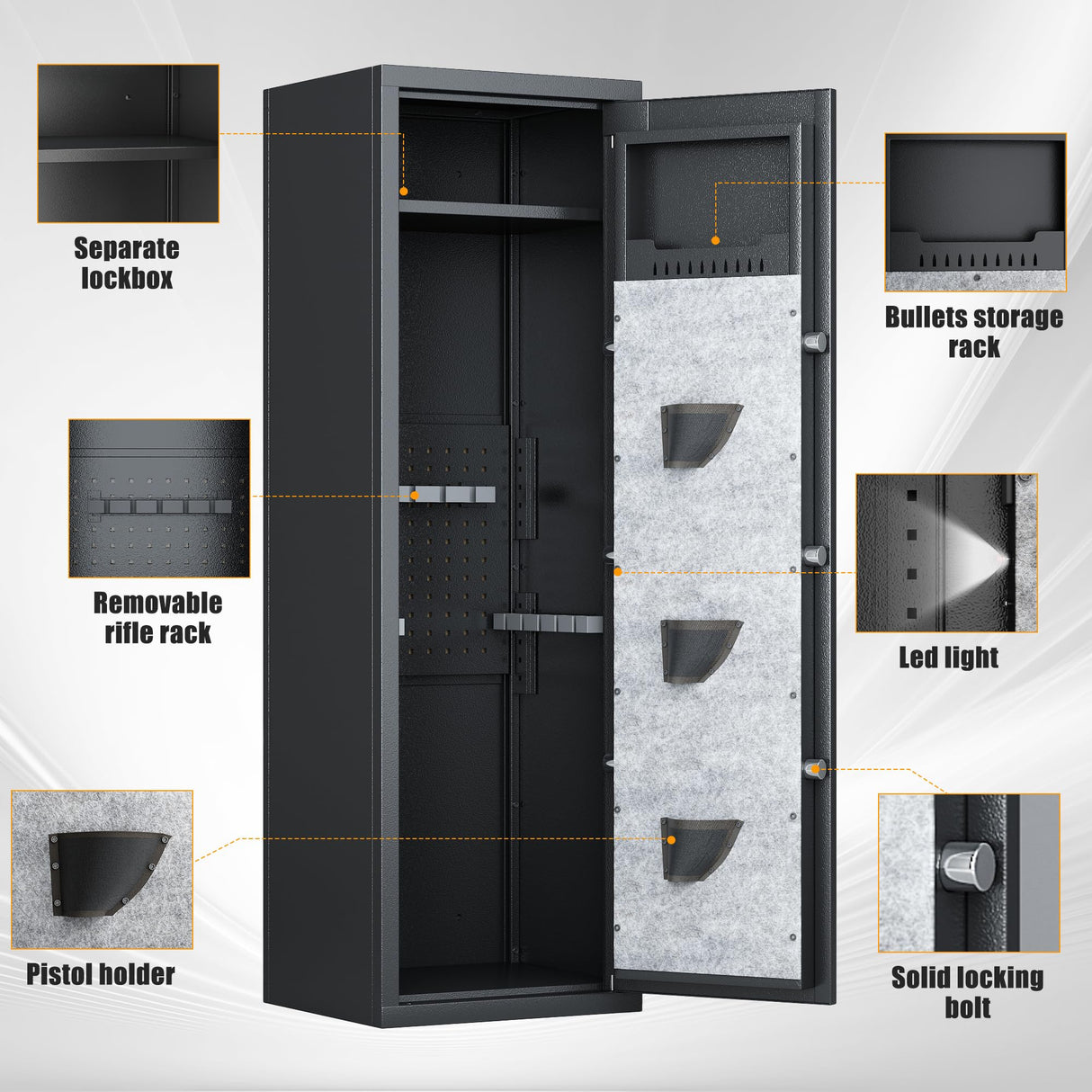 Leariso Biometric Gun Cabinet, Home Safes for Rifles and Pistols, Rifle Gun Safe for Handgun with Adjustable Shelves and Pockets, Gun Cabinet with Alarm Function, Gun Locker, Easy Installation Leariso