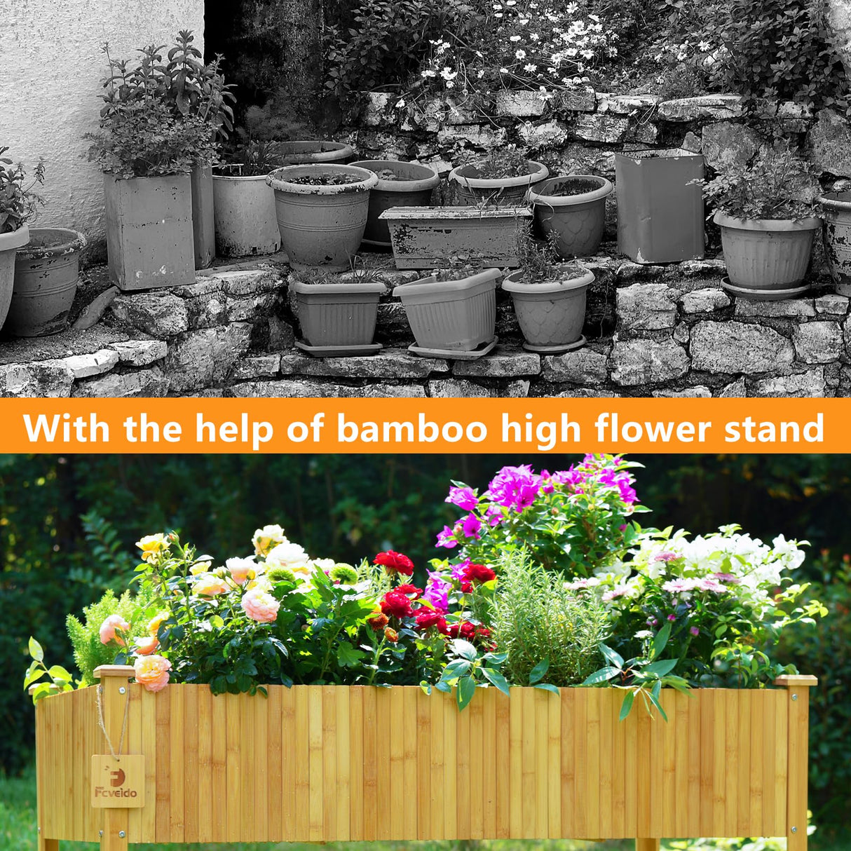 FCVEIDO Bamboo Raised Garden Beds Outdoor, Raised Garden Bed with Legs, Elevated Bamboo Planter Box, Standing Growing Bed for Growing Fresh Herbs, Vegetables, Succulents, Flowers (48x25x30 Inch) FCVEIDO