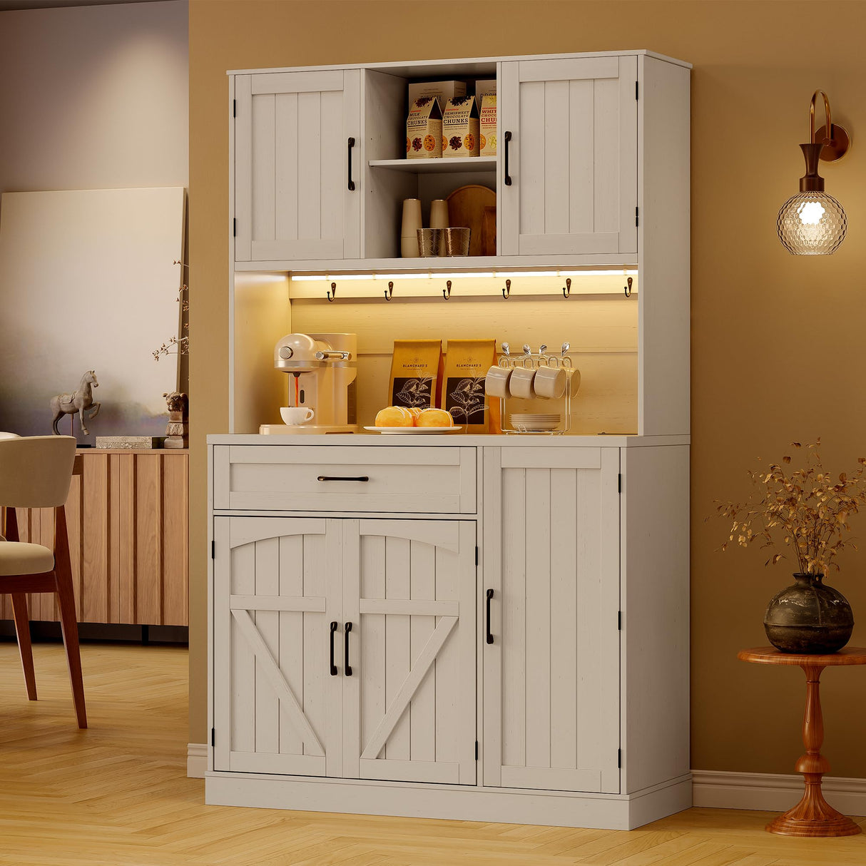 Lefurture 71” Tall Kitchen Pantry Cabinet with LED Light & Outlet & Drawer, Pantry Storage Cabinet with Microwave Shelf & 6 Hooks, Kitchen Hutch with Door Shelves & Adjustable Shelves, for Dining Room Lefurture