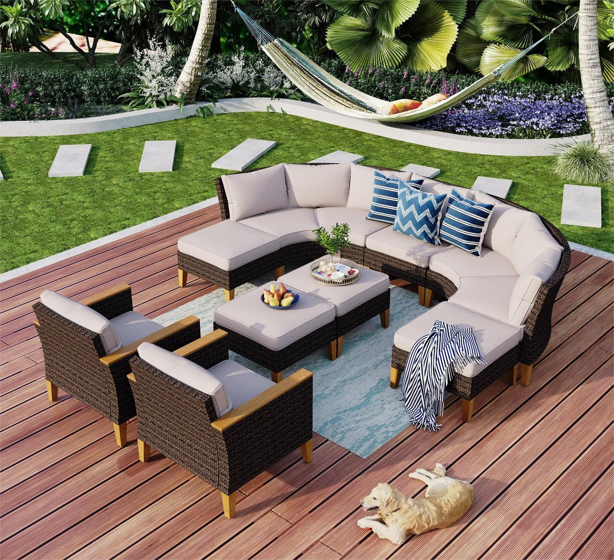 MFSTUDIO Extra Large Wicker Patio Furniture Sets, 10 Pieces All-Weather Half-Moon Curved Rattan Patio Sectional Sofa Set Outdoor Patio Conversation Set with 4" Thick Beige Cushions for Backyard Porch MFSTUDIO