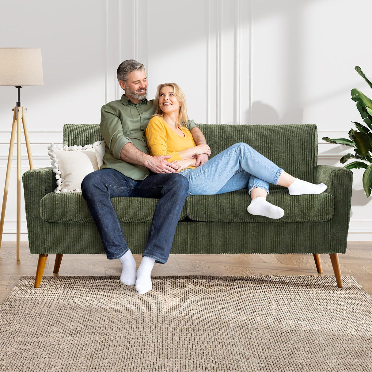 WEUP 68" Loveseat Sofa Green Corduroy Couch, Mid Century Modern Love Seat Couches for Living Room, Small Loveseat for Bedroom Office, Comfy Sofa with Spring Cushion, Solid Wood, Tool-Free Assembly WEUP