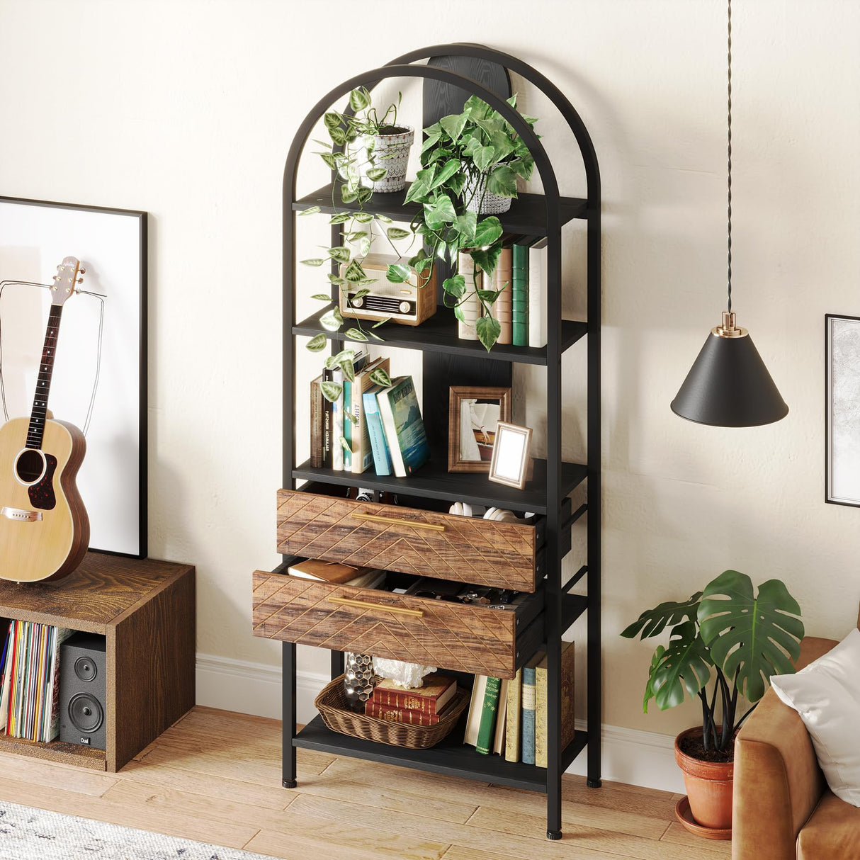 Tribesigns 4-Tier Bookshelf with 2 Drawers, Industrial Open Book Shelf Arched Bookcase, 70.8" Tall Storage Shelves Display Rack with LED Light and Metal Frame for Living Room, Home Office (1) Tribesigns