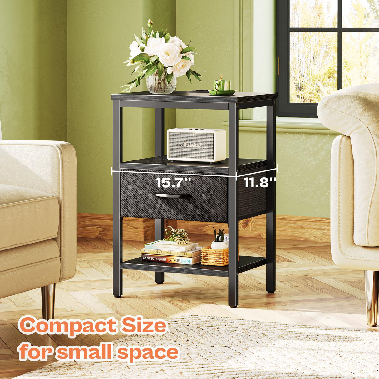 SUPERJARE Nightstand with Charging Station, Bed Side Table with Adjustable Fabric Drawer, Night Stand for Bedroom, 3-Tier Storage End Table, for Living Room, Black SUPERJARE