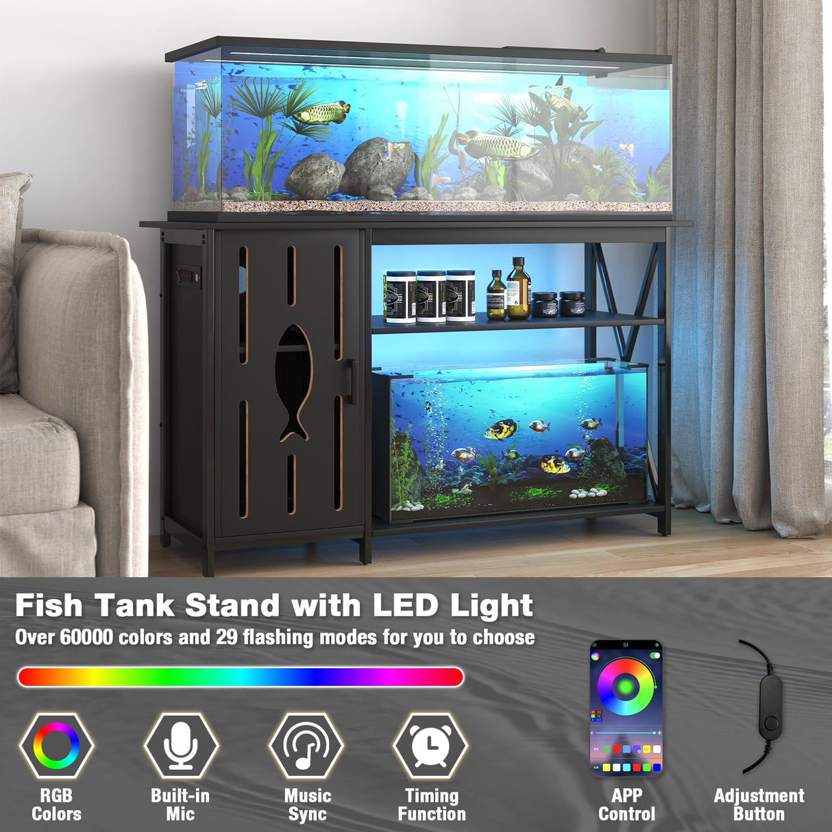 PAPIHO 55-75 Gallon Aquarium Stand with Power Outlets,Fish Tank Stand with Cabinet&LED Light,Aquarium Stand for Fish Tank/Turtle Tank/Reptile Terrarium,1100LBS Capacity,Black PAPIHO
