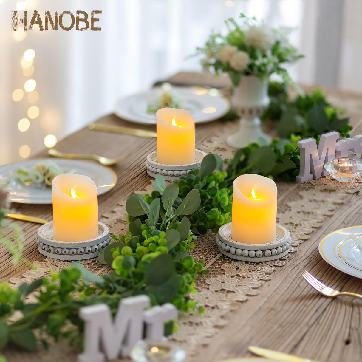 Hanobe Wood Plate Candle Holder: Small Candle Plate Set of 3 Decorative White Washed Beaded Candle Tray Round Candle Stick Holders Farmhouse Table Centerpiece for Fireplace Dining Room Home Decor Hanobe