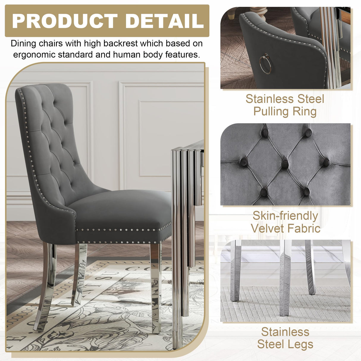 9 Piece Glass Dining Table Set for 8, 81" Rectangle Kitchen Table with 8 Gray Velvet Upholstered Chairs, Tempered Glass Tabletop with Stainless Steel Legs, for Kitchen and Dining Room, Silver Clear AMHDDT