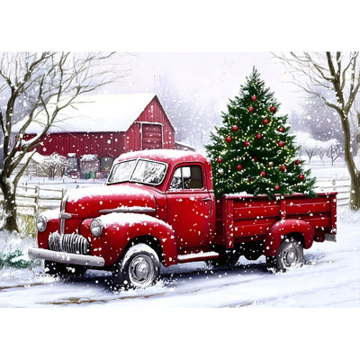 MXJSUA Christmas Tree Diamond Painting Kit for Adults, Red Truck Full Drill Diamond Art Painting Kits for Beginners, Round Diamond Dots Art Painting Kits, 12x16 Inch/30x40cm