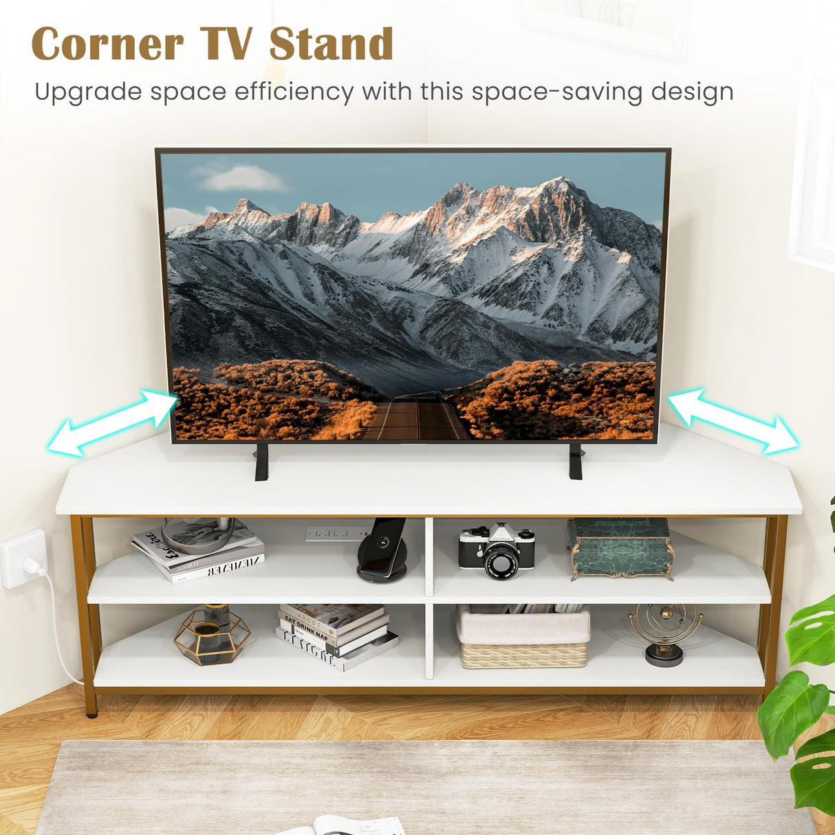 Tangkula Corner TV Stand for TVs up to 65”, TV Console Table w/AC Outlets, USB A Ports, USB C Port, Metal Frame & Storage Shelves, 55” Media Entertainment Center for Living Room (White, 55" L) Tangkula