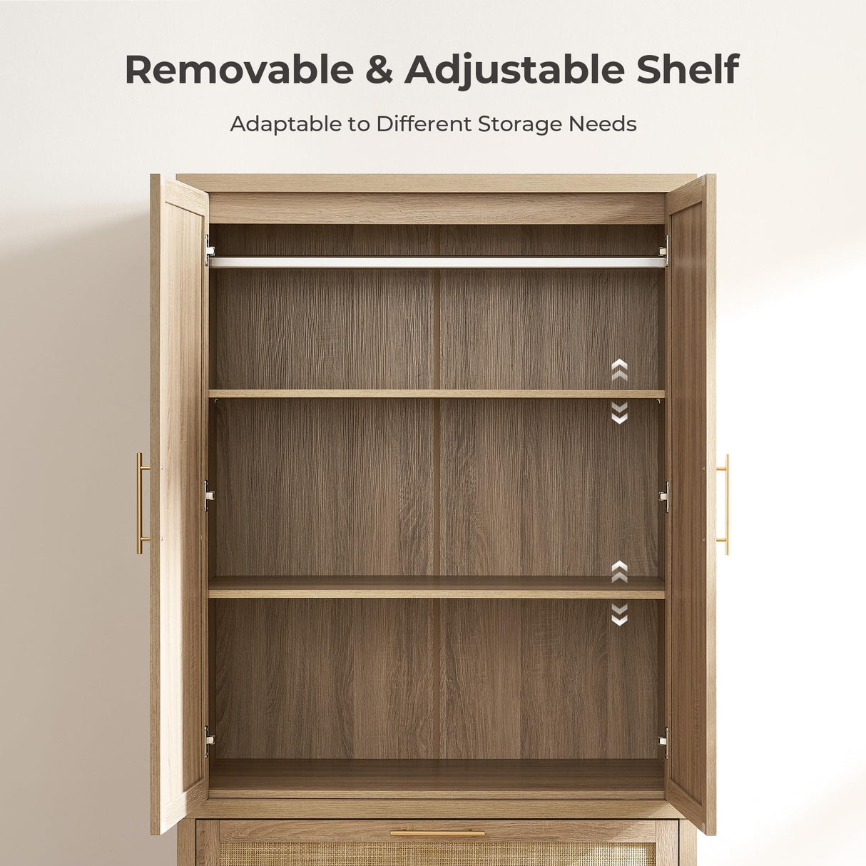 SICOTAS Rattan Armoire Wardrobe Closet Cabinet, 71" Tall Wardrobe Storage Cabinet with Doors, Large Drawers and Hanging Rod, Boho Armoire Clothes Organizer for Bedroom, Cloak Room, Light Oak SICOTAS