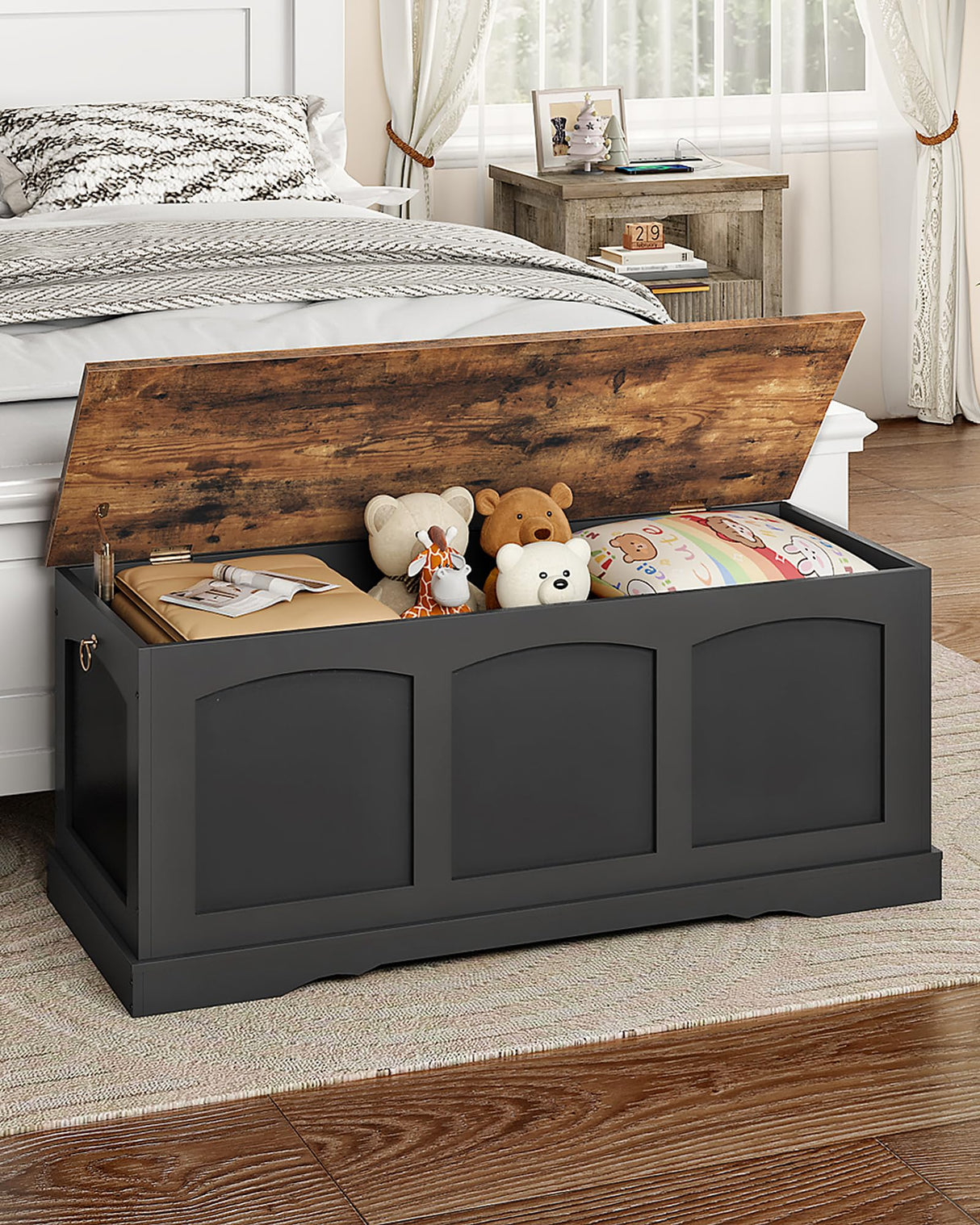 CHOEZON 39.4" Storage Chest Bench with Lift Lid, Toy Chest with Safety Hinge, Entryway Shoe Bench, Wooden Storage Trunk, Holds up to 220 lb, for Living Room, Bedroom, Black and Rustic Brown MCW12BF