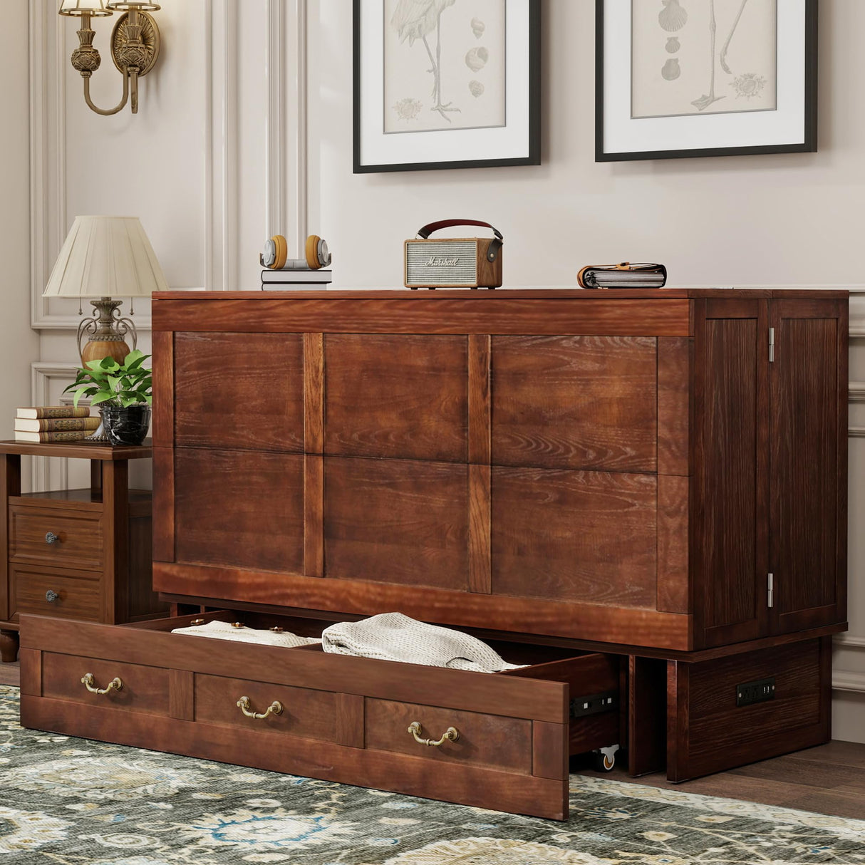 EITACHUL Solid Wood Murphy Storage Bed: Queen Size Murphy Bed with USB Port and Strong Drawer for Bedroom/Guest Room/Living Room(Mattress Not Included) Shadow Black-16 EITACHUL