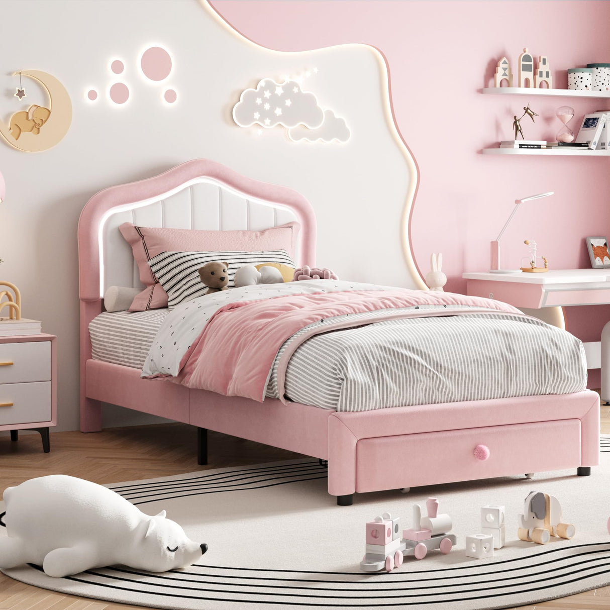 Twin Upholstered Bed Frame With Storage Drawer and Smart Led Headboard, Princess Twin Size Platform Bed Frames for Kids/Girls, Wooden Slats Support, No Box Spring Needed, Easy Assembly, Pink GarveeHome