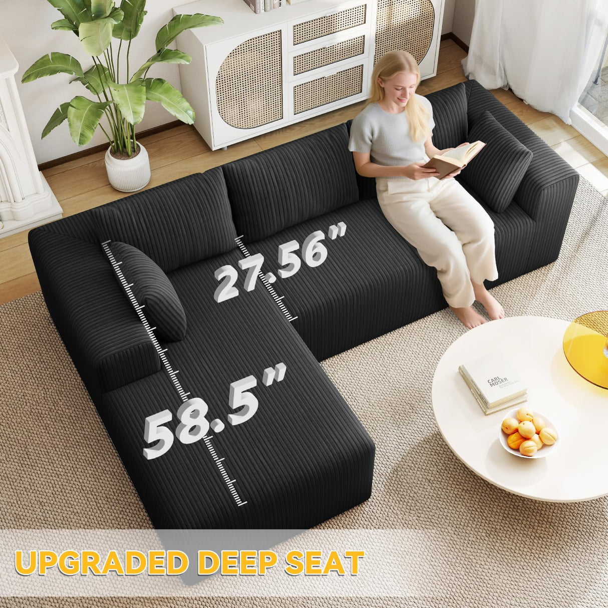 Mvpipi Boneless Couches for Living Room, L-Shaped Cloud Couch with Oversized Chaise, Modular Sectional Couch w/Deep Seat, Corduroy Comfy Sofa, No Assembly Couches for Bedroom & Apartment, Black Mvpipi