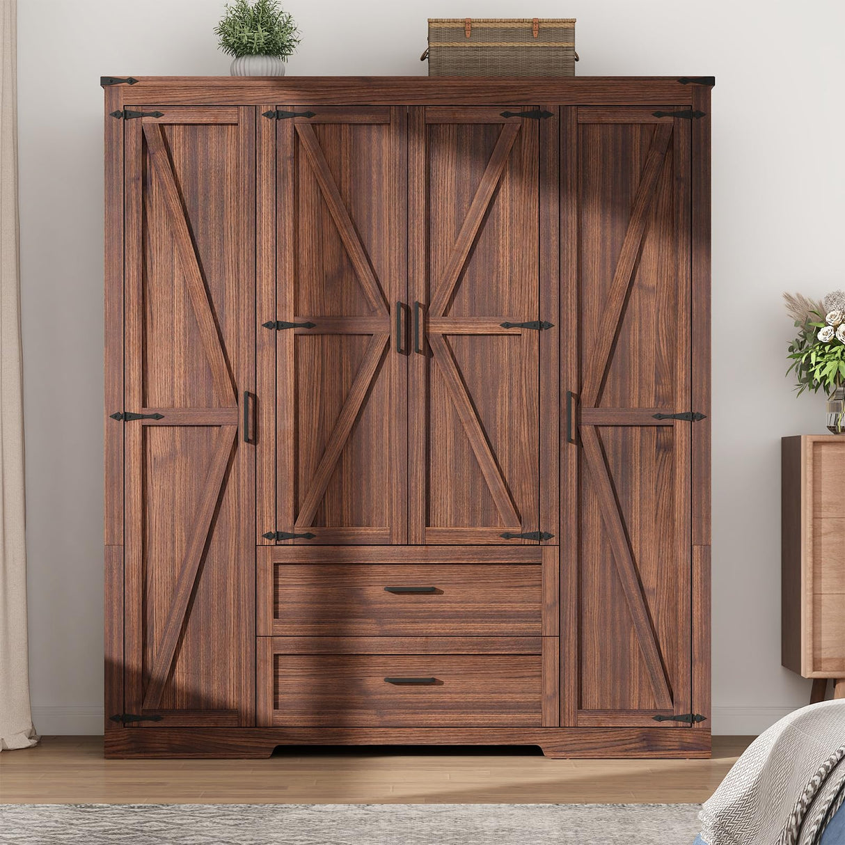 Hlivelood 4 Doors Wardrobe Armoire Closet with Doors and Drawers, Farmhouse Wooden Armoire Storage Cabinet with Shelves & Hanging Rod for Bedroom, Brown Hlivelood