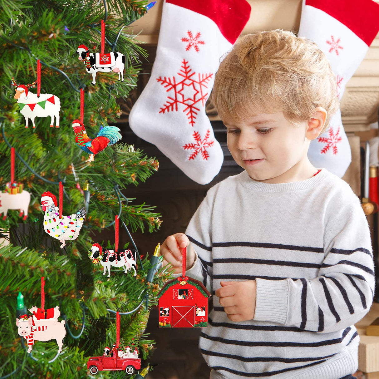 24 Pcs Wooden Farm Animal Christmas Ornaments Wooden Christmas Farmhouse Rustic Ornaments Hanging Red Truck Christmas Tree Decorations Cow Pig Rustic Christmas Decor Ornaments for Xmas Trees Crafts Gerrii