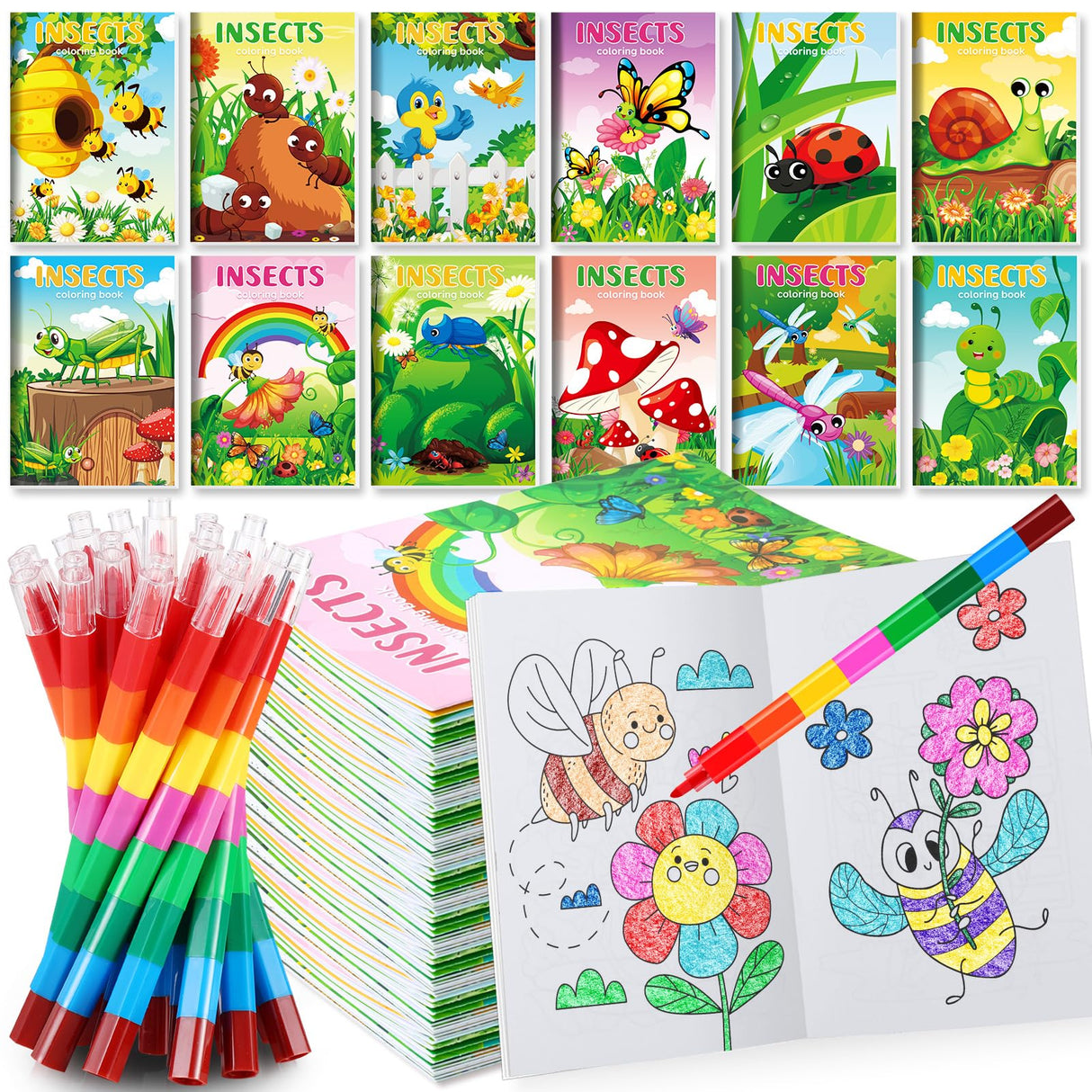 BenLouis 12 Insects Mini Coloring Books Kids with 12 Stacking Crayons Spring Bugs Party Favors Small Activity Books Bulk for Kids Butterfly Bee Party Gift Goodie Bag Stuffers BenLouis