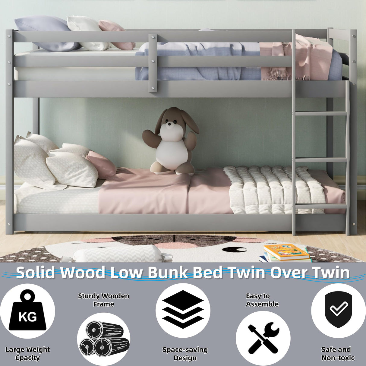 ZJIAH Low Bunk Bed Twin Over Twin, Solid Wood Floor Bunk Bed Frame with Ladder & Safety Guardrails, Twin Bunk Beds for Kids Boys and Girls, Saving Space, No Box Spring Needed, Gray ZJIAH