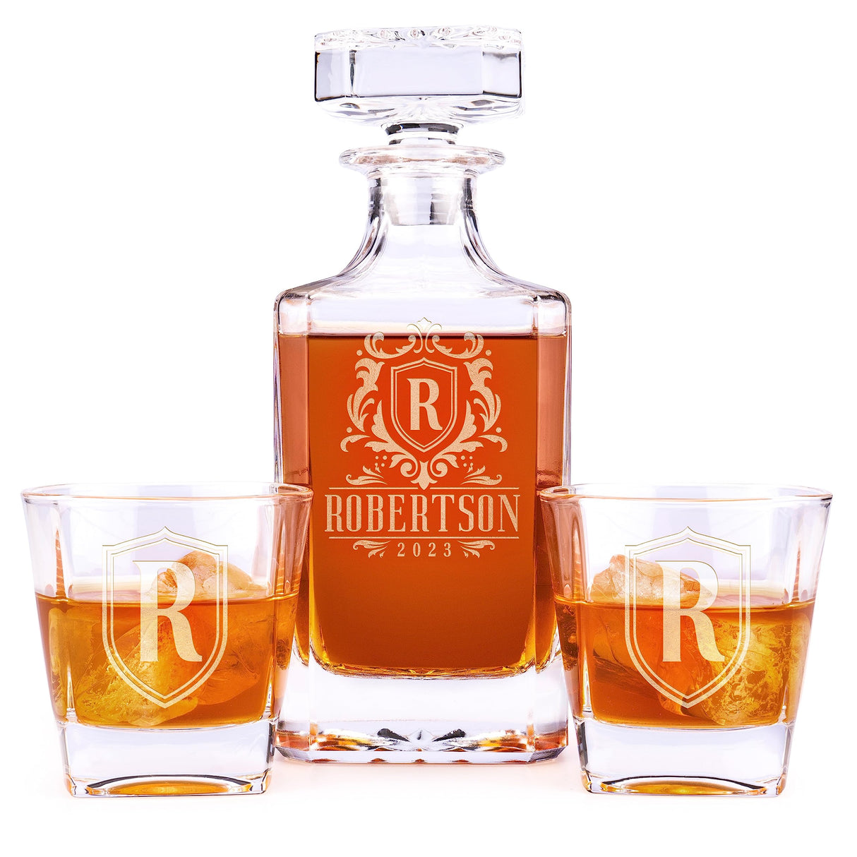 Personalized Whiskey Decanter Set - 5 Design Options - Custom Liquor 25 oz, 750ml Liquor Decanter w/Whiskey Glass Set Options, Birthday & Retirement Gifts for Men Lara Laser Works