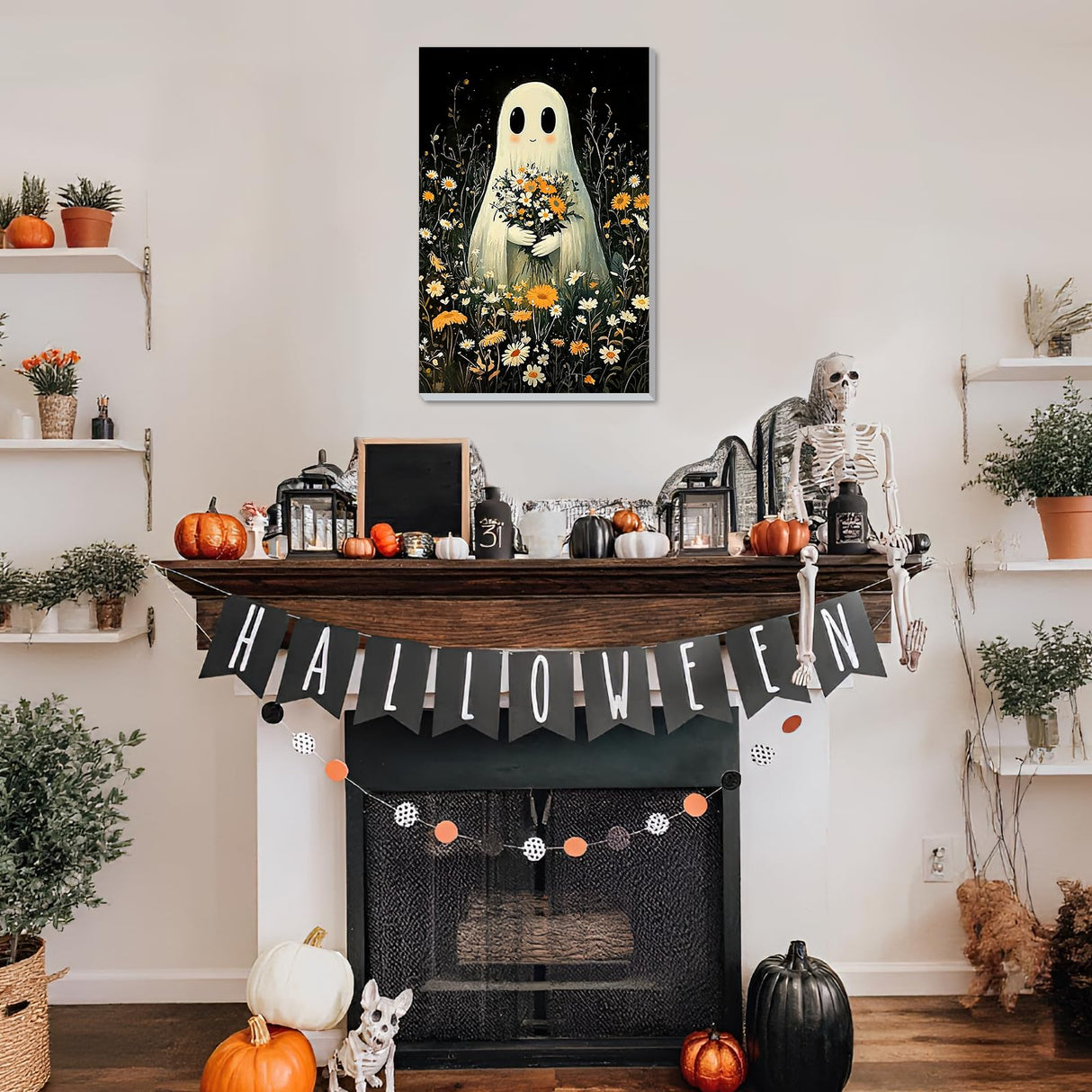 DOMROM Framed Paint by Numbers Kit for Adults Beginners with Wooden Easel, Halloween Ghost Paint by Number Kit on Canvas, DIY Oil Painting Kits for Home Wall Decor Gift 8x12in DOMROM