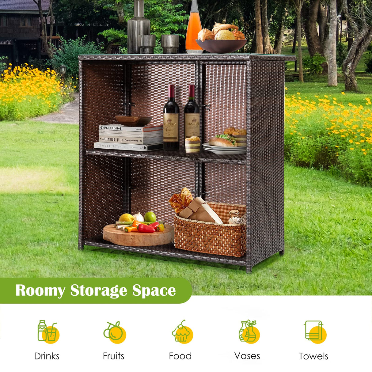 RELAX4FLIE 3-Piece Outdoor Bar Set, Patio Wicker Bar Table and Chairs Set w/Cushioned Stools 2 Open Shelves & Glass Table Top, Rattan Bar Table Set for Poolside, Garden and Backyard (Turquoise) RELAX4LIFE