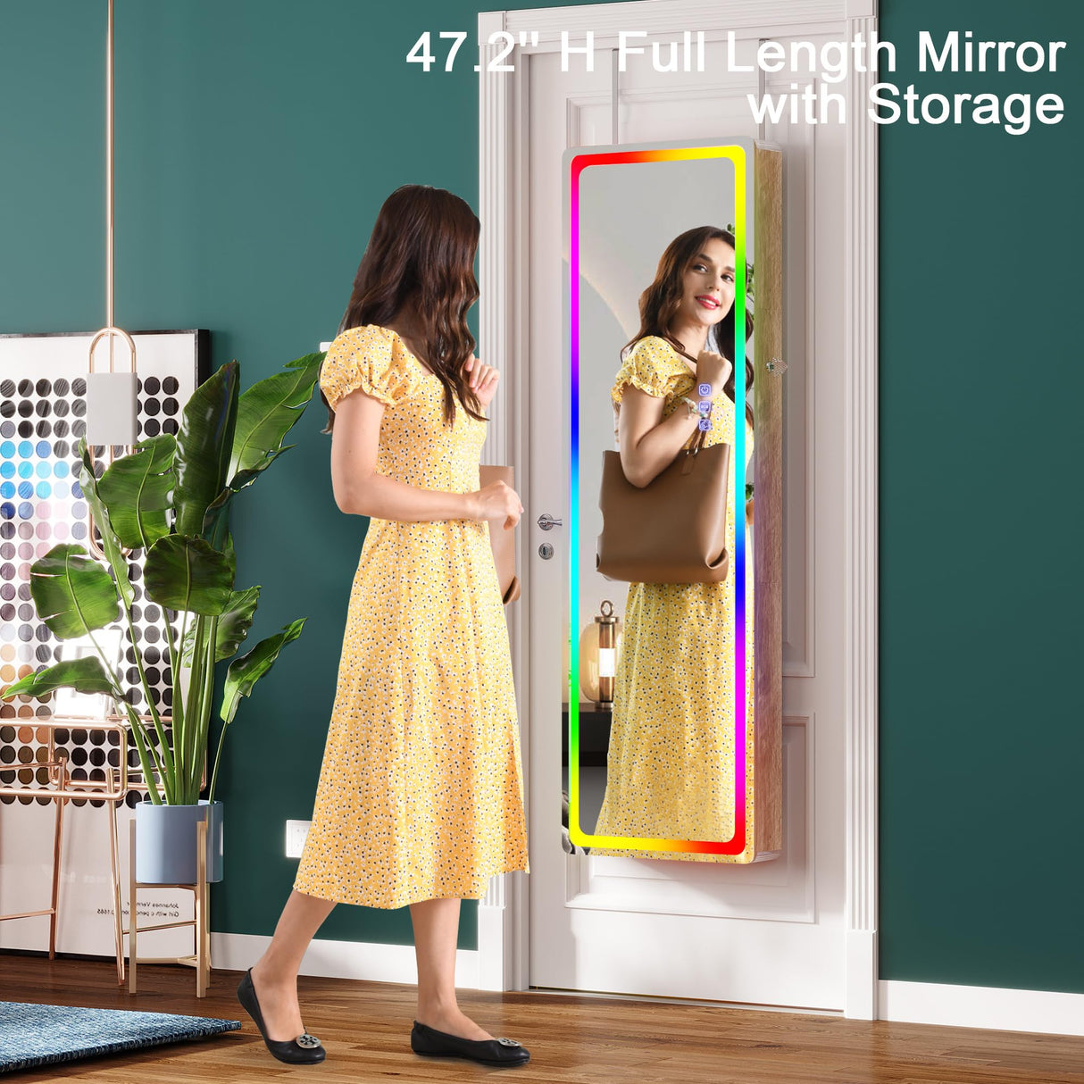 HNEBC LED Mirror Jewelry Cabinet with RGB Lights,47.2" Wall Mounted Jewelry Organizer with Full-Length Mirror,Over The Door Hanging Jewelry Armoire Storage Cabinet,Folding Dresser,2 Drawers,Lockable HNEBC