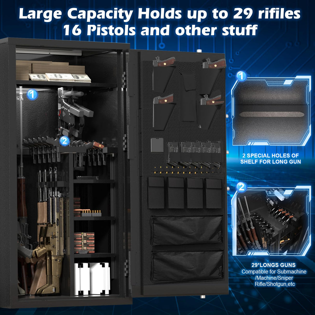 Large Rifle Safe, 30 Gun Safe for Rifle and Shotgun/Rifle Pistol Rack/Storage Pocket/Removable Shelf/Silent Mode/External Battery/LED,180° Open Door Panel Organizer Gun Cabinet Unassembled (Updated) TTSITG