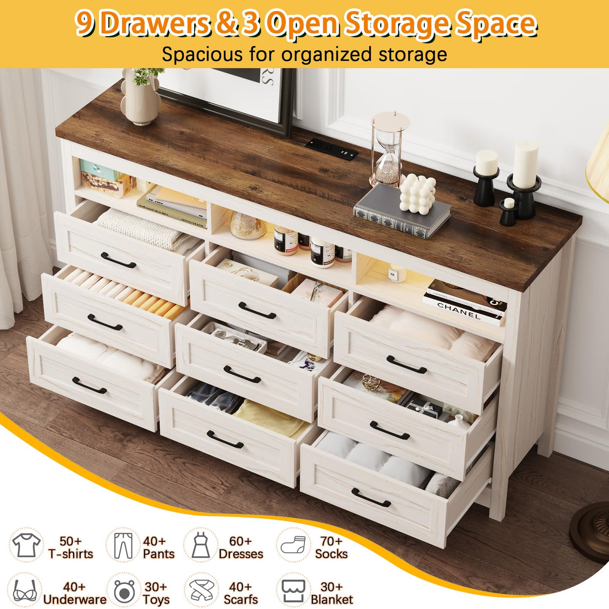 Hlivelood Farmhouse 9 Drawer Dresser with LED Lights, 63" Wide Large Chest of Drawers for Bedroom, Modern Wood Dresser Storage Organizer with Charging Station for Living Room, Bedroom, Hallway, Beige Hlivelood