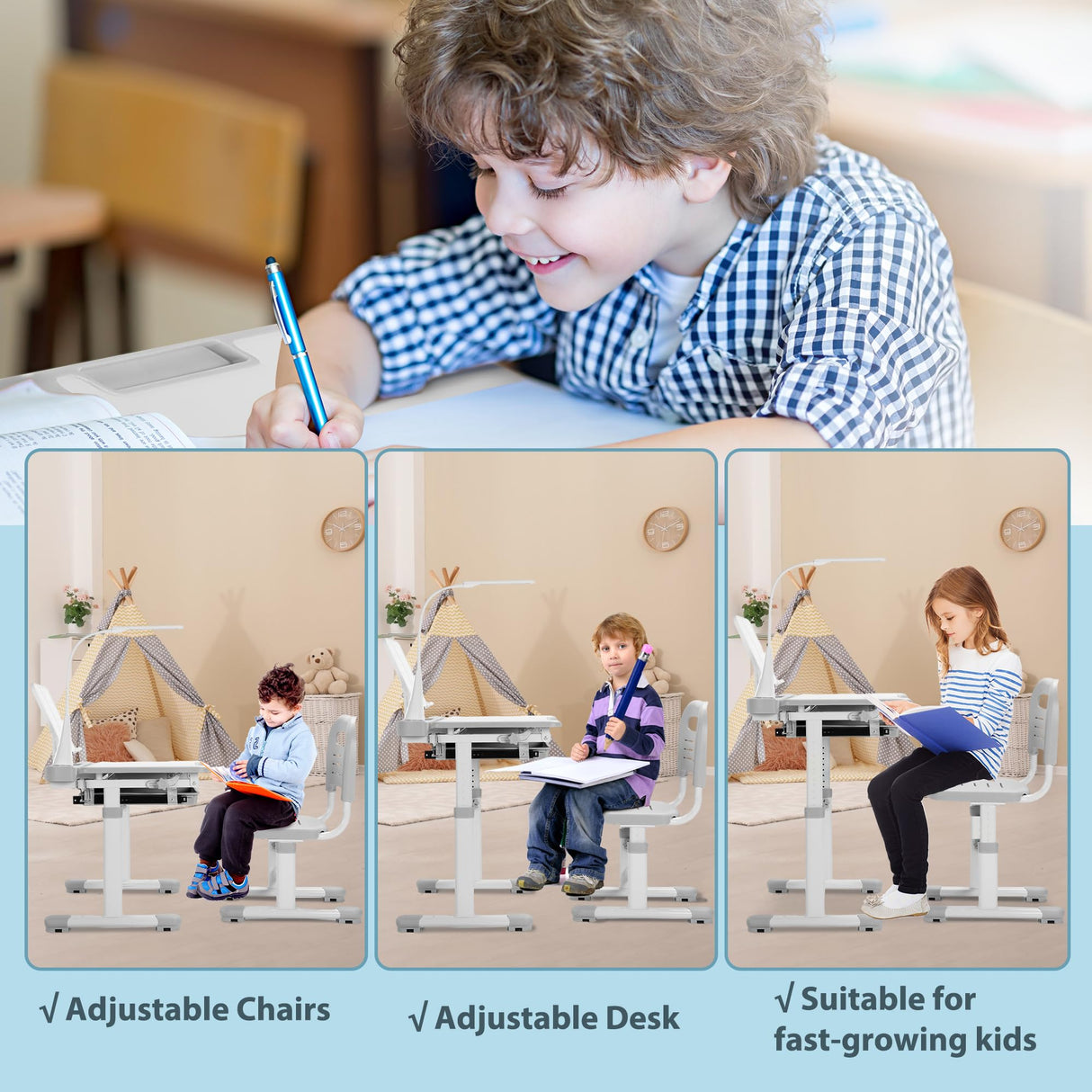 Rengue Kids Desk and Chair Set Height Adjustable School Study Desk and Chair with 55° Tiltable Desktop, 3 Modes&3 Brightness LED Lamps, Storage Drawer and Metal Hook for Boys Girls, Grey Rengue