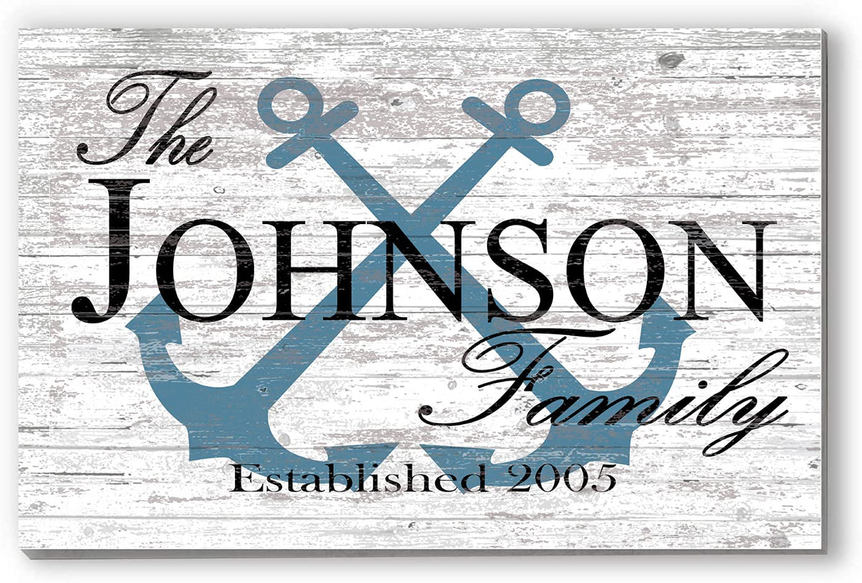 CUSTOM Beach House Sign or Lake Home Sign - Name and Established Date - Solid Wood - 16.5in x 10.5in (Anchor Slate Blue) Broad Bay