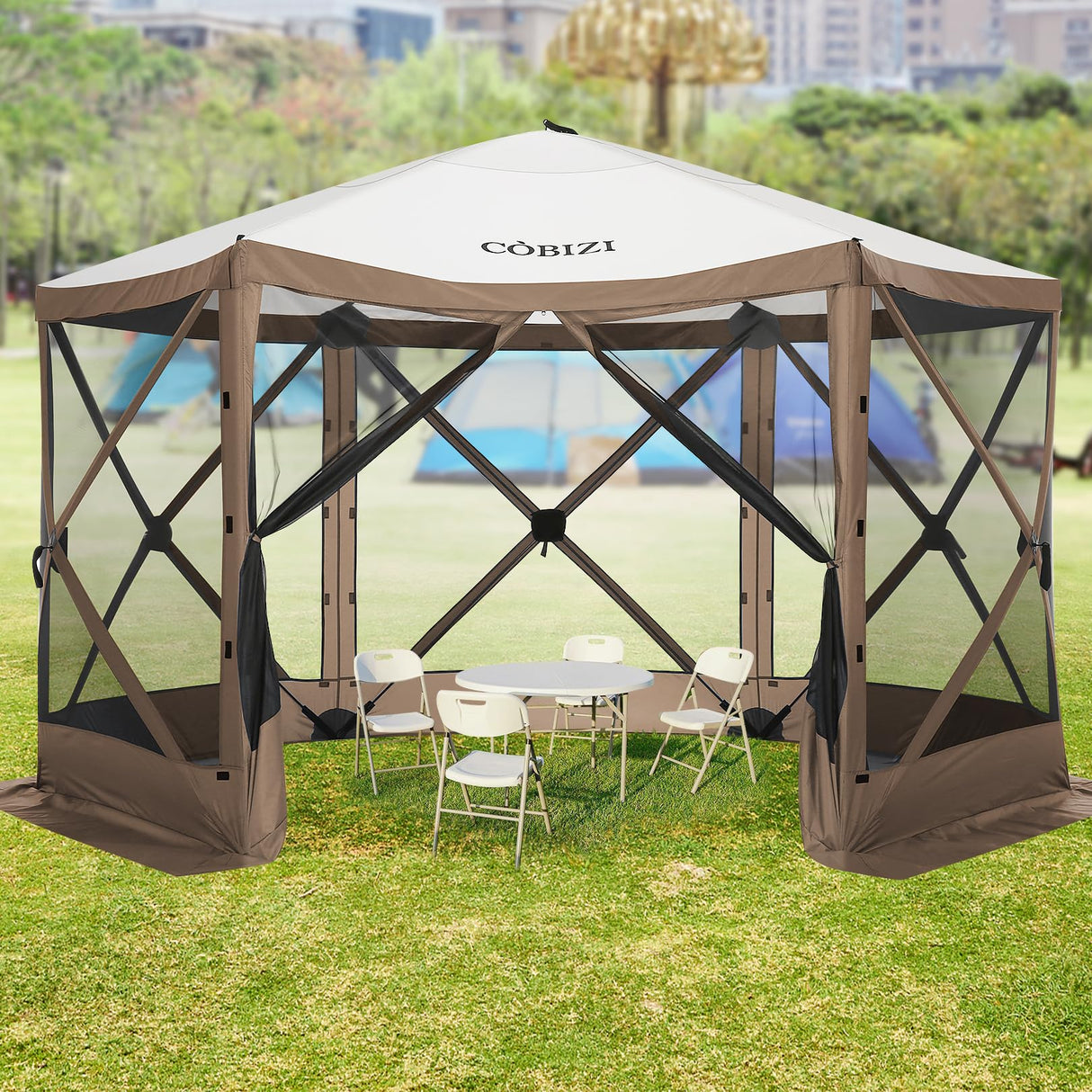 COBIZI 12x12ft Pop up Gazebo Screen Tent Screen House for Camping, Camping Outdoor Screened Gazebo with Mosquito Netting, Portable Hub Tent with Carrying Bag and Ground Stakes, Brown(Upgraded 2.0) COBIZI