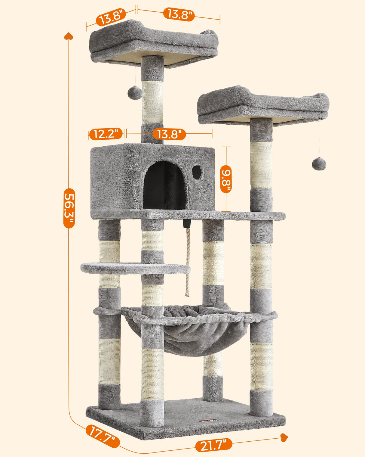 FEANDREA Cat Tree, Cat Tower for Indoor Cats, 56.3-Inch Cat Condo with Scratching Posts, Hammock, Plush Perch, Light Gray UPCT15W Feandrea