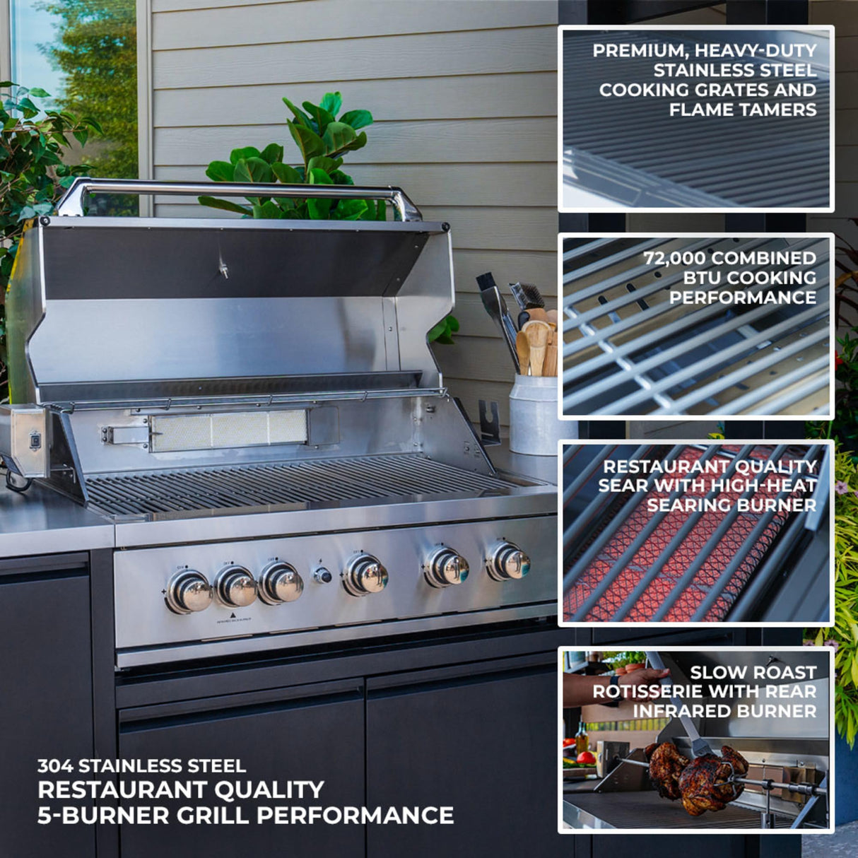 Backyard Discovery Fusion Flame Turn-Key Outdoor Kitchen with 38-inch Stainless Steel 5-burner Grill Island, Sear Zone, Infrared Burner, Outdoor-Rated Refrigerator, Storage, Steel Roof for Deck, Patio Backyard Discovery