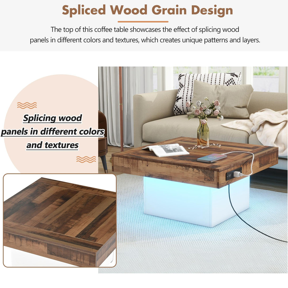 Vinsetto Farmhouse Wood Coffee Table with 2 USB Ports and Outlets, LED Light, Anti-Slip Foot Pads, Spliced Wood Grain, 31.5" L x 31.5" W x 16.5" H, White Vinsetto