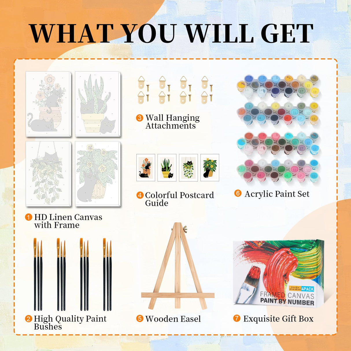 4 Pack Paint by Numbers Kit for Adults with Frame Cat, Framed Paint by Number for Adults Beginner with Wooden Easel, Green Plant DIY Painting by Numbers Canvas Framed for Home Decor 8 x 12 Inch Okarina