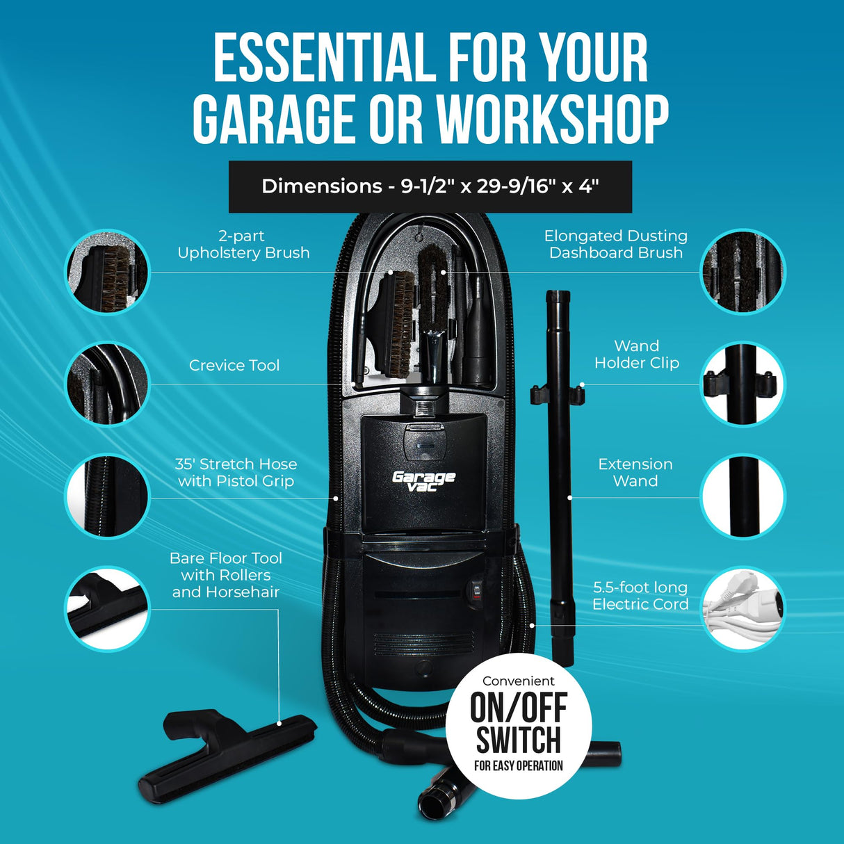 InterVac Design Corp InterVac Garage Vacuum Cleaner for Workshop, 1 Gallon Garage Vacuum Wall Mounted, Stretch Hose Shop Vacuum for RVs, Boats, Cabins and Utility Rooms, GarageVac (Black) InterVac Design Corp