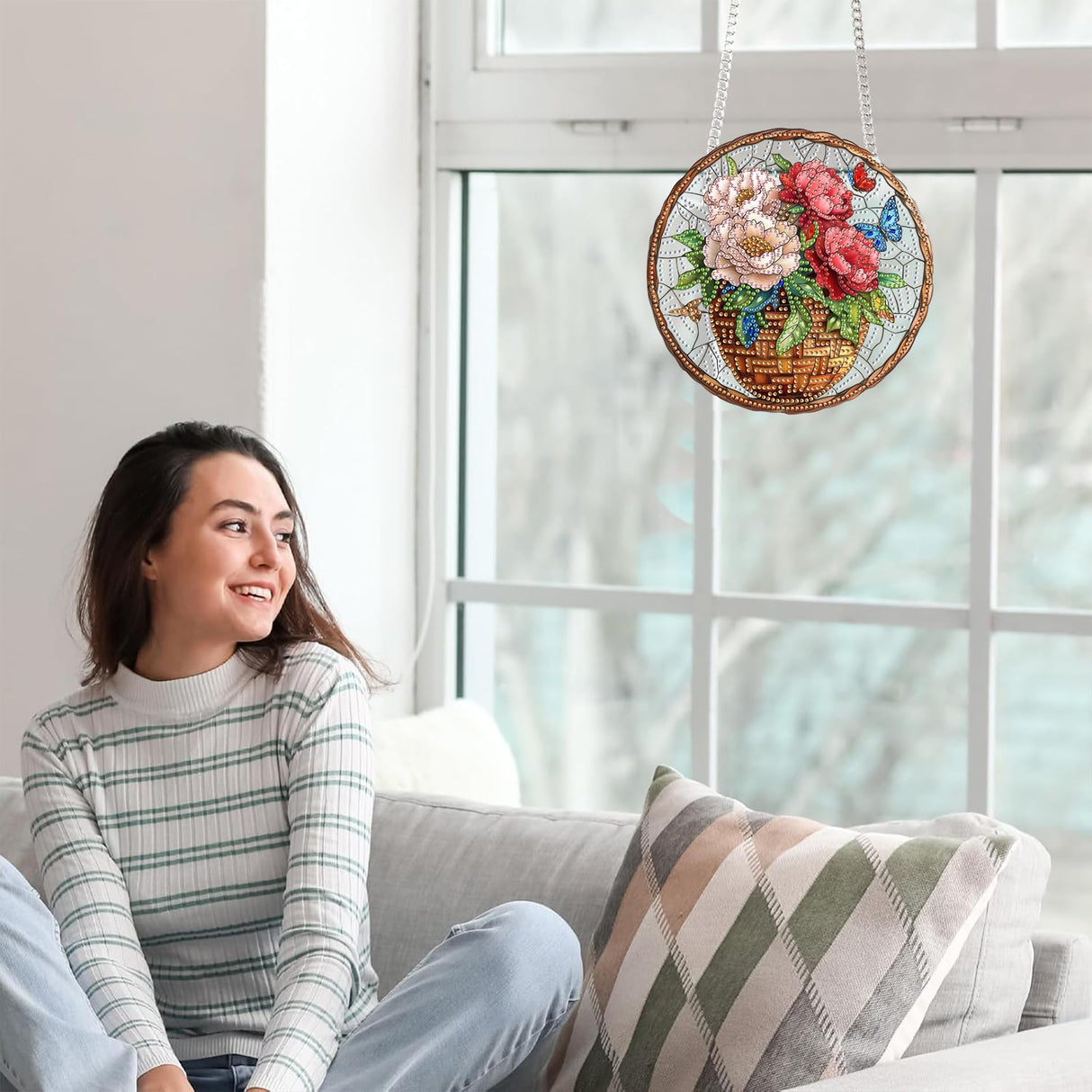 Yomiie Hanging Diamond Art Ornament Kits– DIY Double Sided Acrylic Sun Catcher with Flowers, Front Door Sign & Porch Decor, Crystal Diamond Painting Pendant for Home, Garden, Windows (8x8 inch) Yomiie