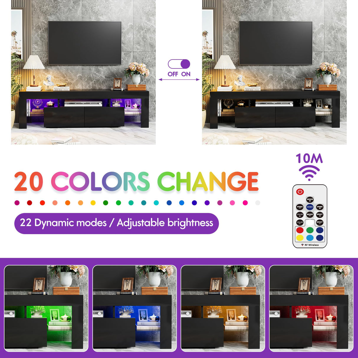 JUMMICO TV Stand with LED Lights, Modern Entertainment Center Media and Open Shelf Console Table Storage Desk with 1 Drawer and Remote Control 20 Color LED Lights up to 70 Inch TV (Black) JUMMICO