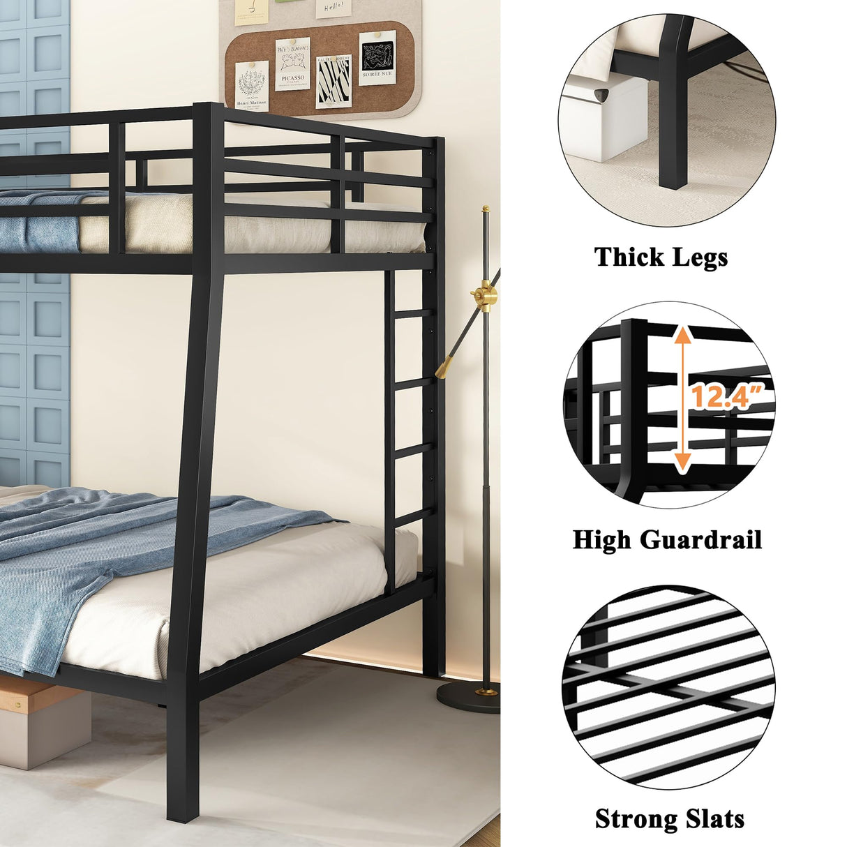 Bellemave Full XL Over Queen Metal Bunk Bed for Adults,Heavy-Duty Bunk Bed with 2 Ladders,Full Over Queen Bunk Beds,Space-Saving Bunk Bed for Kids/Teens/Adults,Noise-Free,Black Bellemave