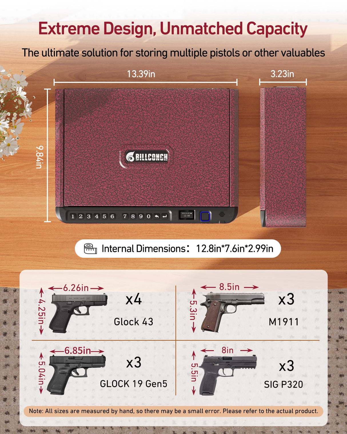 BILLCONCH Smart Gun Safe with Security Cable - Biometric Gun Safe for Handgun 4 Ways Quick Access with Fingerprint/Keypad/Key/APP Lock for Bedside Home Car with LCD/Voice Guide - Burgundy Red BILLCONCH